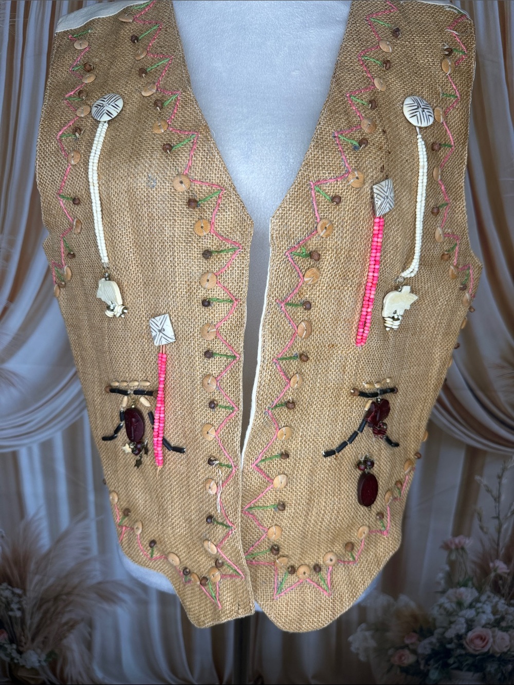 Jane Ashley Tan Beaded Embellished Vest with Pink Accents